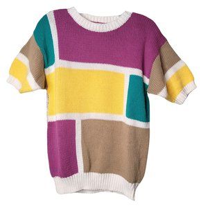 VINTAGE 80's PYKETTES Pink Yellow Color Block Grandmacore Sweater  Small